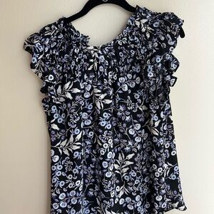 LOFT Floral Ruffle Sleeve Blouse - Black and Blue